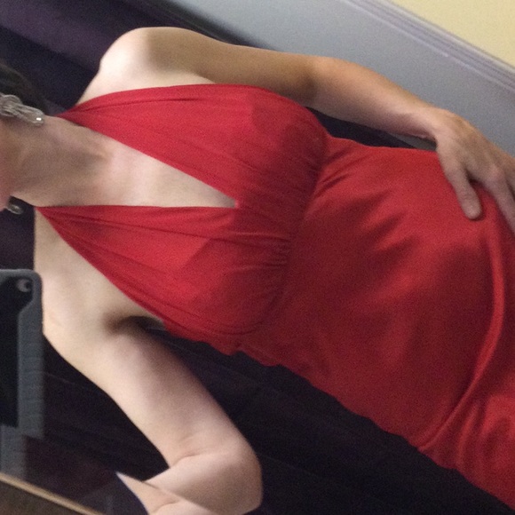 Red silky evening gown, sheer top, flare bottom - Picture 5 of 14